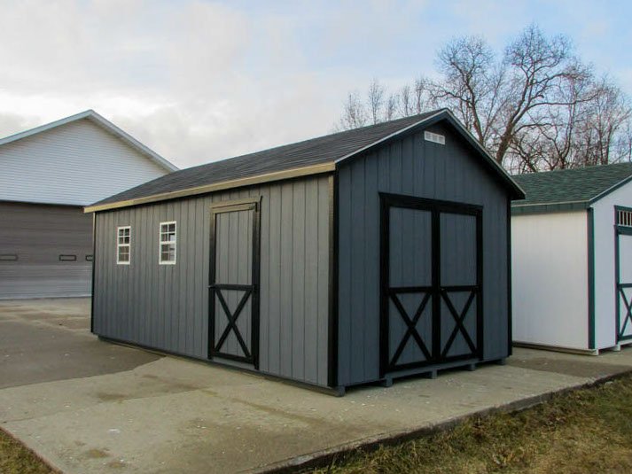 Charcoal A-frame shed with multiple doors