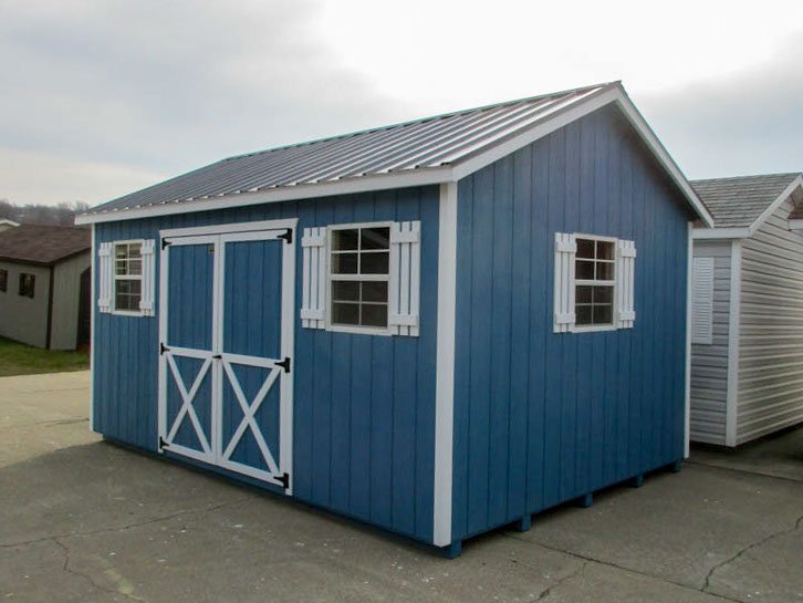 Blue A-frame shed with a metal roof