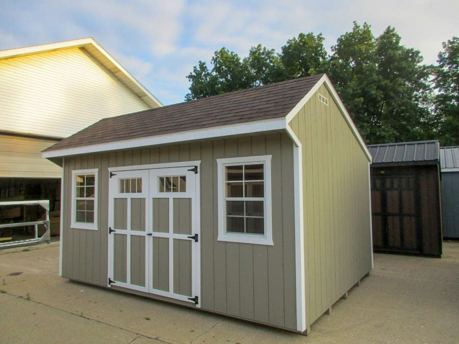 Finished Quaker barn displayed outdoors in Shipshewana